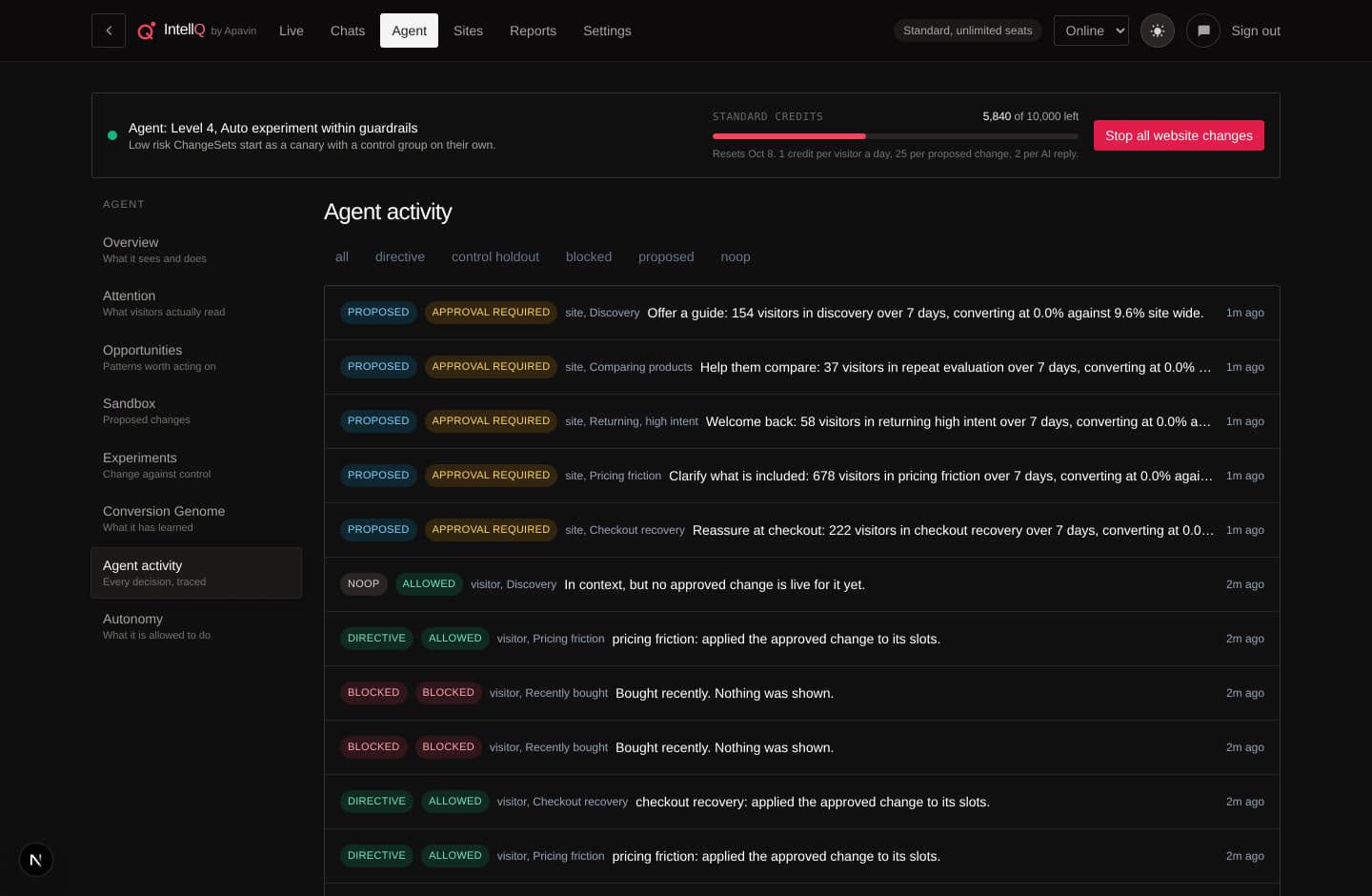 The agent activity log: every decision with the evidence behind it and the policy reasons it was allowed or blocked