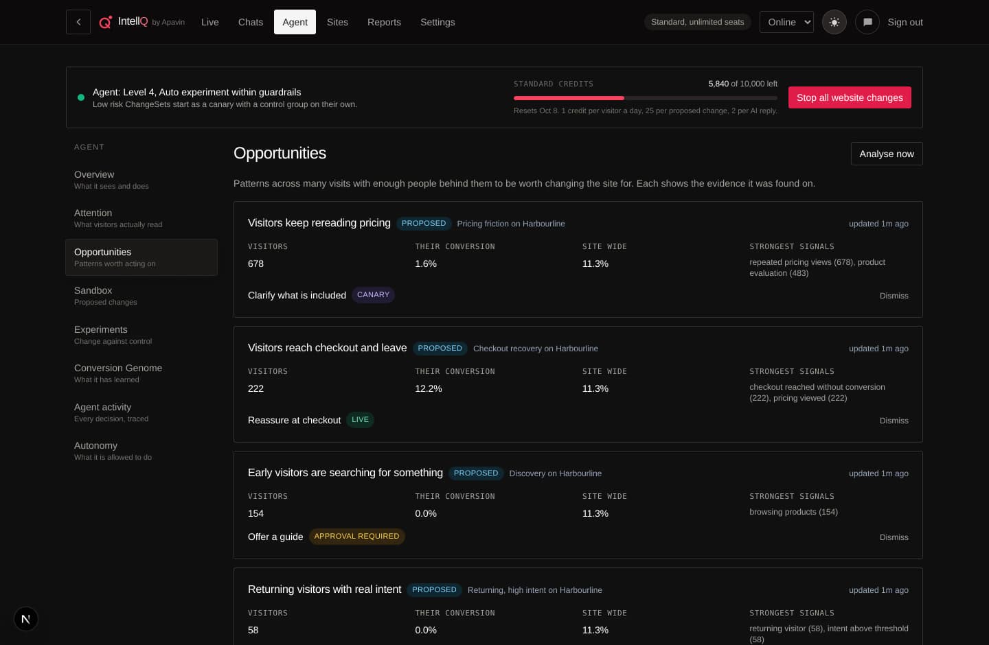The Opportunities screen: the patterns the agent found, with the visitors behind each one