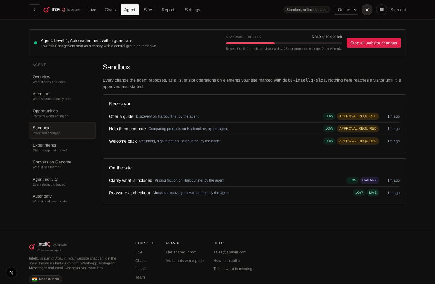 The Sandbox screen: proposed changes with their context, risk and status, waiting for a person
