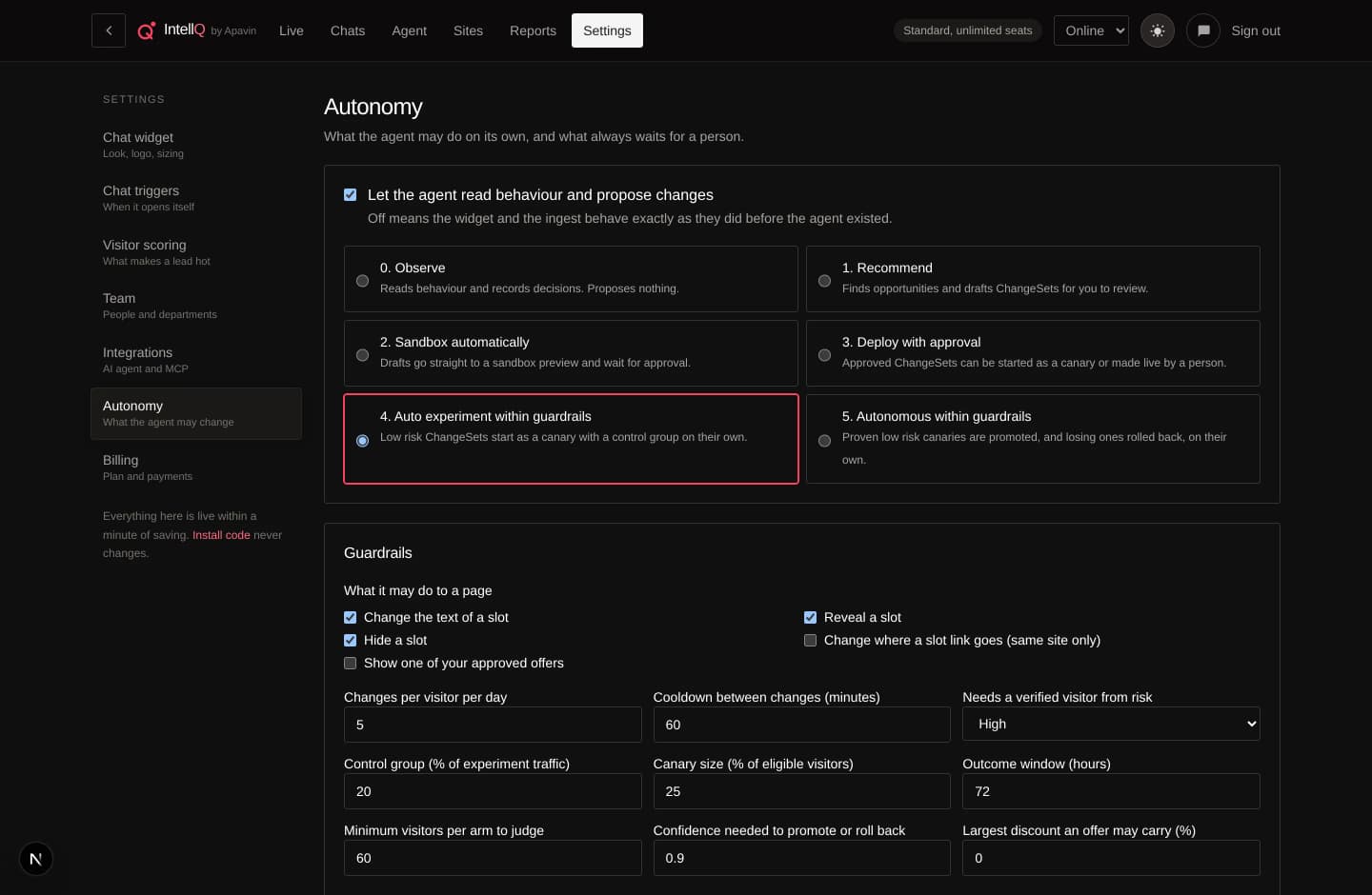 The Autonomy settings screen, showing the six autonomy levels and the guardrails for each